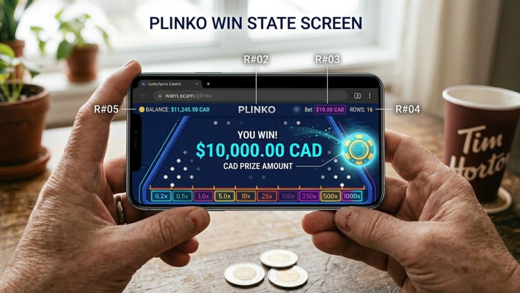Plinko chip win on mobile screen showing a $10,000 CAD prize result